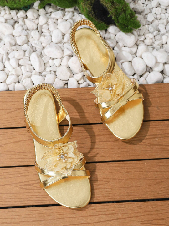 Gold Fashionable Women Floral T-Strap Flat Casual Sandals