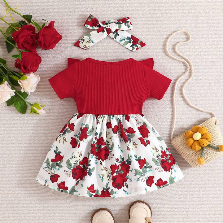 Summer Baby Girl Floral Patchwork Print Button Decoration Casual Short Sleeve Dress With Headband