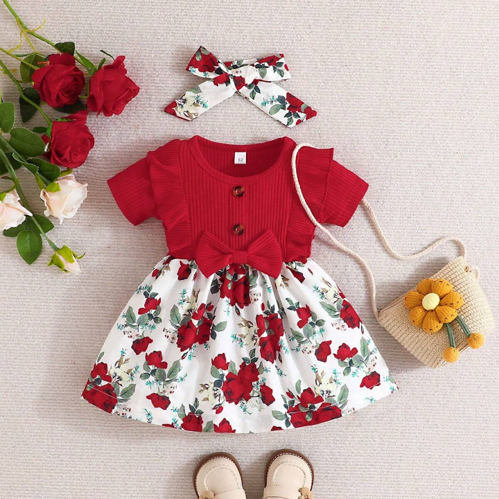 Summer Baby Girl Floral Patchwork Print Button Decoration Casual Short Sleeve Dress With Headband