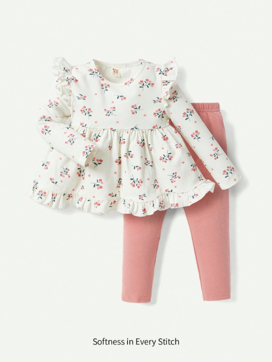 Cozy Cub Infant Baby Girls' Flower Patterned Round Neck Top With Ruffle Sleeve And Solid Color Skinny Pants Two-piece Set