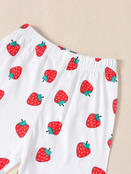 Baby Girls" Strawberry Print Short Sleeve Shorts Summer Home Wear Set