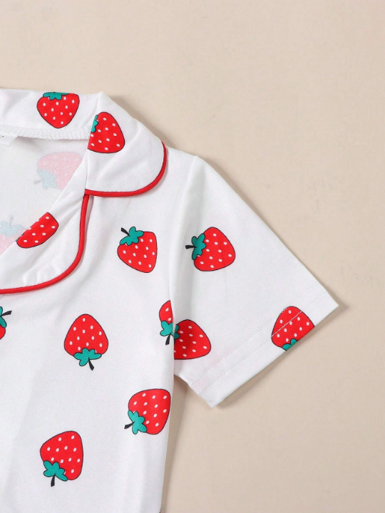 Baby Girls" Strawberry Print Short Sleeve Shorts Summer Home Wear Set