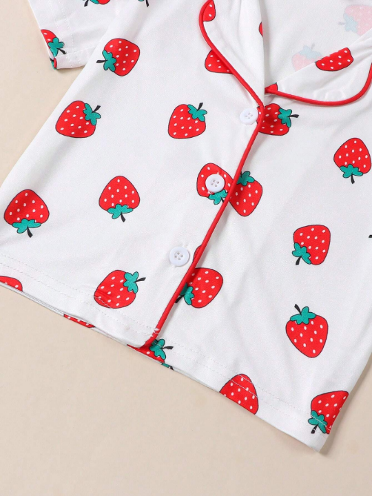 Baby Girls" Strawberry Print Short Sleeve Shorts Summer Home Wear Set