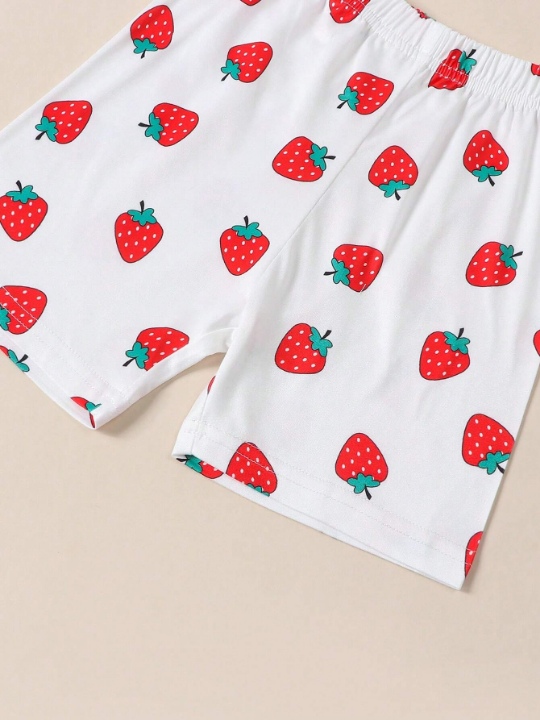 Baby Girls" Strawberry Print Short Sleeve Shorts Summer Home Wear Set