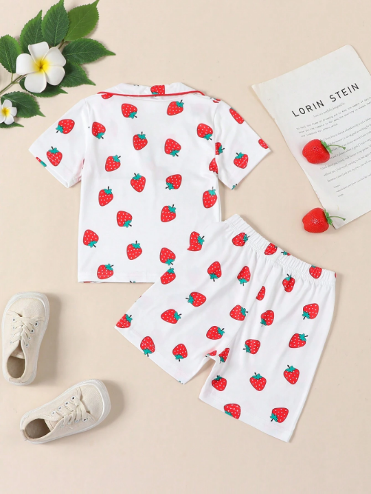 Baby Girls" Strawberry Print Short Sleeve Shorts Summer Home Wear Set