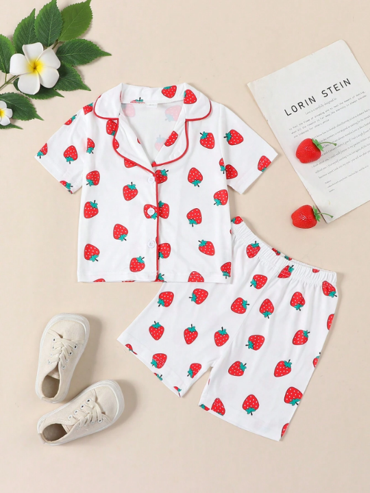 Baby Girls" Strawberry Print Short Sleeve Shorts Summer Home Wear Set