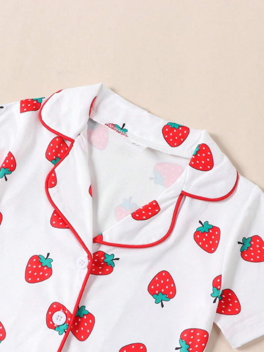 Baby Girls" Strawberry Print Short Sleeve Shorts Summer Home Wear Set