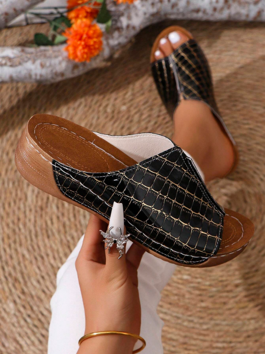 Women\ Summer Casual Wedge Heel Thick Bottom Sandals V-Shaped Height-Increasing Slippers Solid Color Fashion Sandals Checkered Black And White