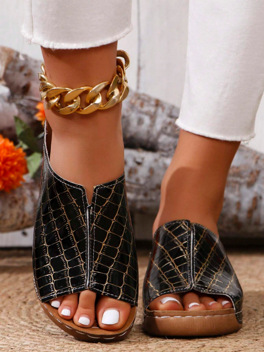 Women\ Summer Casual Wedge Heel Thick Bottom Sandals V-Shaped Height-Increasing Slippers Solid Color Fashion Sandals Checkered Black And White