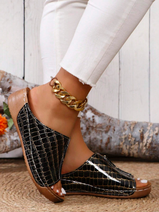 Women\ Summer Casual Wedge Heel Thick Bottom Sandals V-Shaped Height-Increasing Slippers Solid Color Fashion Sandals Checkered Black And White