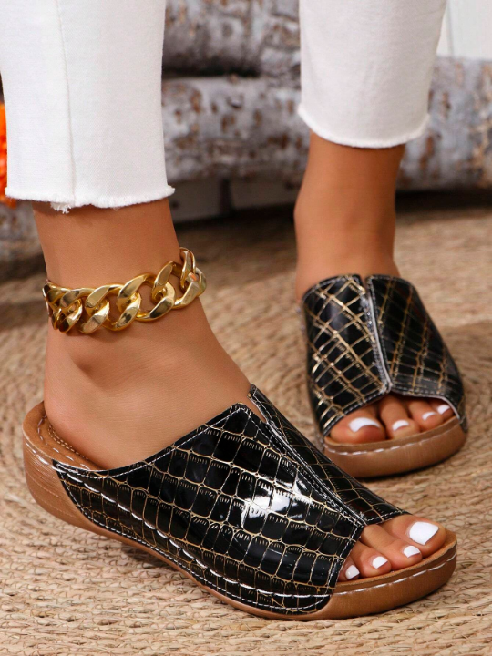 Women\ Summer Casual Wedge Heel Thick Bottom Sandals V-Shaped Height-Increasing Slippers Solid Color Fashion Sandals Checkered Black And White