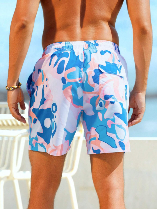 Manfinity Swimmode Men Allover Print Letter Patched Drawstring Waist Swim Trunks