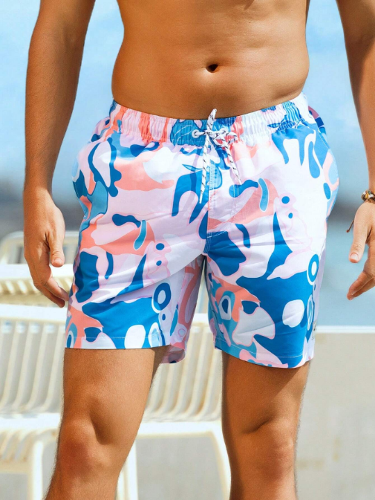 Manfinity Swimmode Men Allover Print Letter Patched Drawstring Waist Swim Trunks