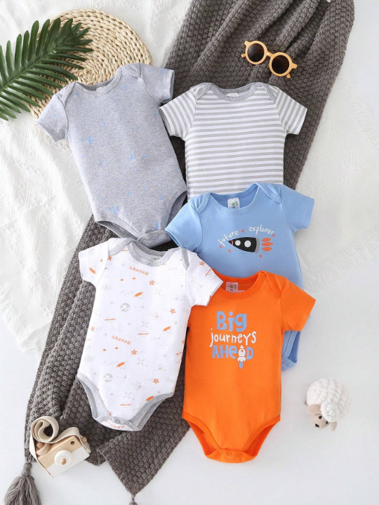 5pcs/Set Baby Boy New Spring And Summer Space Stripe Pattern Printed Short Sleeve Romper