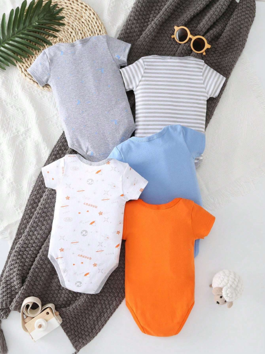 5pcs/Set Baby Boy New Spring And Summer Space Stripe Pattern Printed Short Sleeve Romper