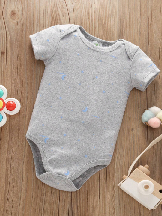 5pcs/Set Baby Boy New Spring And Summer Space Stripe Pattern Printed Short Sleeve Romper