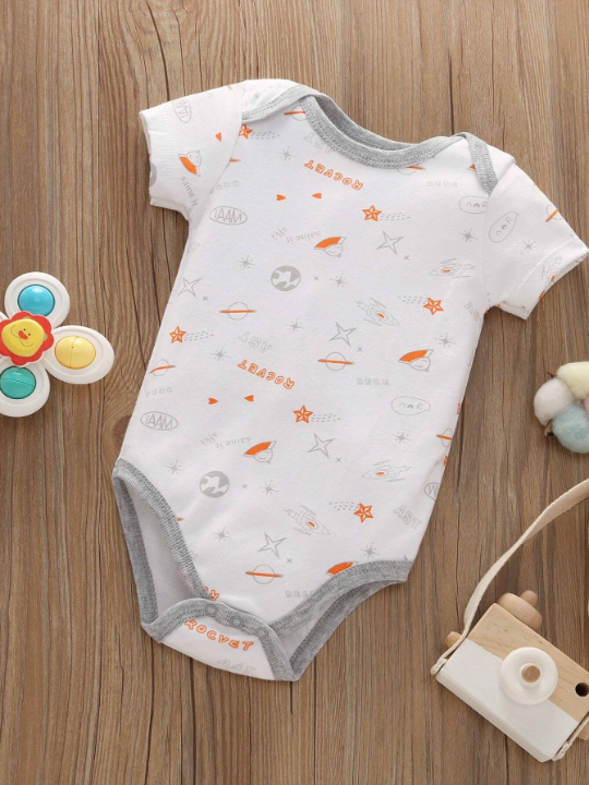 5pcs/Set Baby Boy New Spring And Summer Space Stripe Pattern Printed Short Sleeve Romper