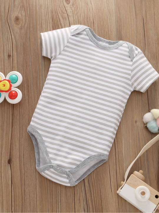 5pcs/Set Baby Boy New Spring And Summer Space Stripe Pattern Printed Short Sleeve Romper