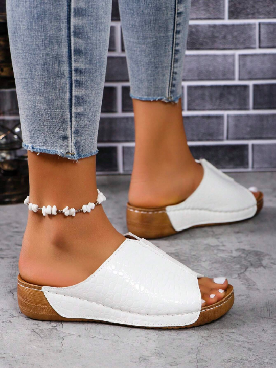 Women's Summer Casual Wedge Heels Thick Sole Sandals V-Shaped Toe High-Heeled Slippers Fashion Solid Color With Crocodile Print White