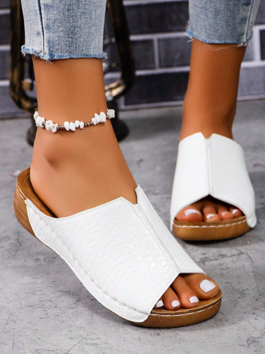 Women's Summer Casual Wedge Heels Thick Sole Sandals V-Shaped Toe High-Heeled Slippers Fashion Solid Color With Crocodile Print White