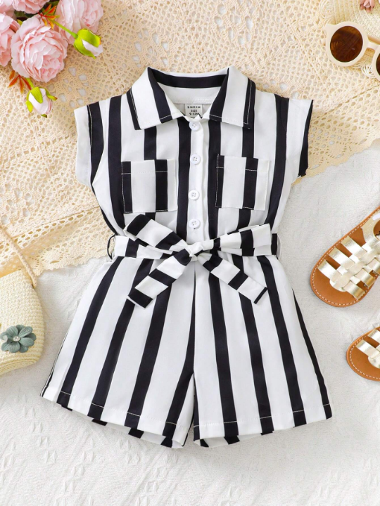 Baby Girls" Striped Print Front Button Summer Romper