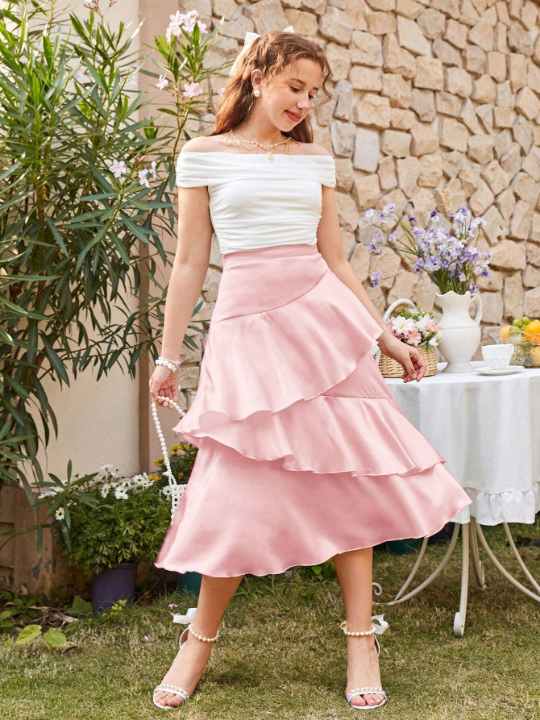 Teen Girl Woven Satin Multi-Layer Ruffled Hem Midi Casual Skirt For Summer