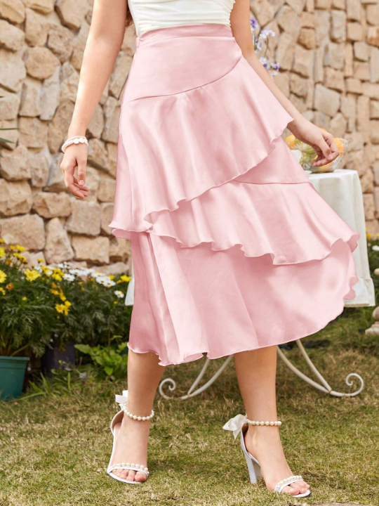 Teen Girl Woven Satin Multi-Layer Ruffled Hem Midi Casual Skirt For Summer