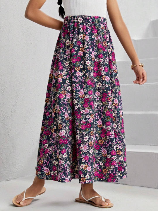 Tween Girl Elastic Waist A-Line Floral Skirt For Vacation Or Leisure