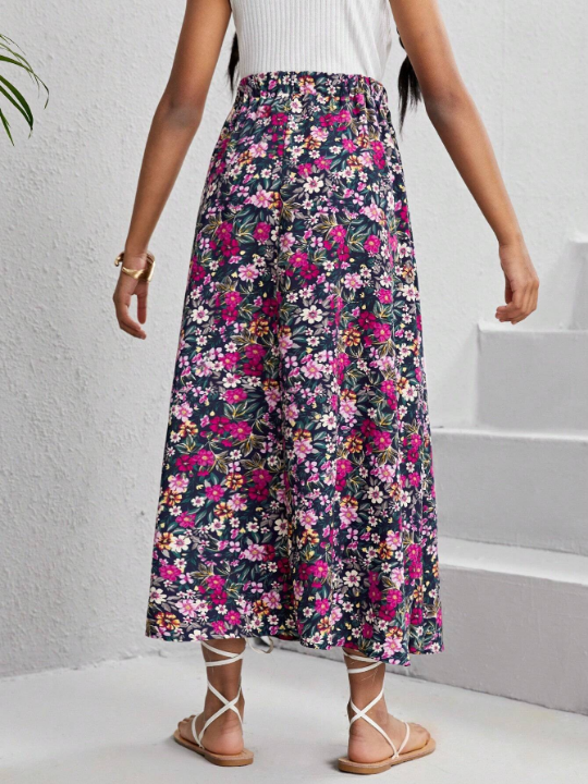 Tween Girl Elastic Waist A-Line Floral Skirt For Vacation Or Leisure