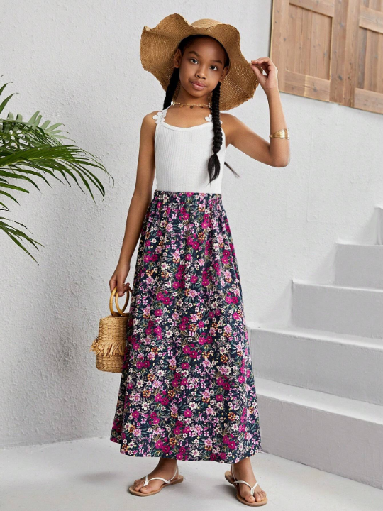 Tween Girl Elastic Waist A-Line Floral Skirt For Vacation Or Leisure