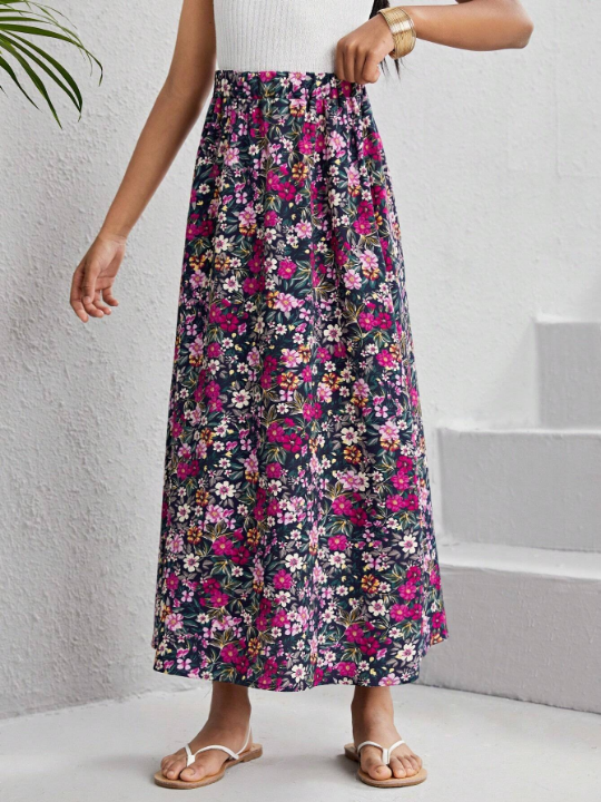 Tween Girl Elastic Waist A-Line Floral Skirt For Vacation Or Leisure