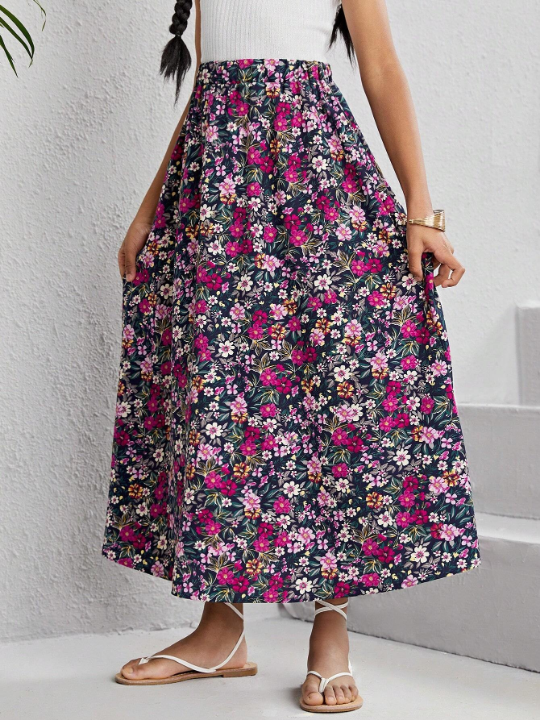 Tween Girl Elastic Waist A-Line Floral Skirt For Vacation Or Leisure