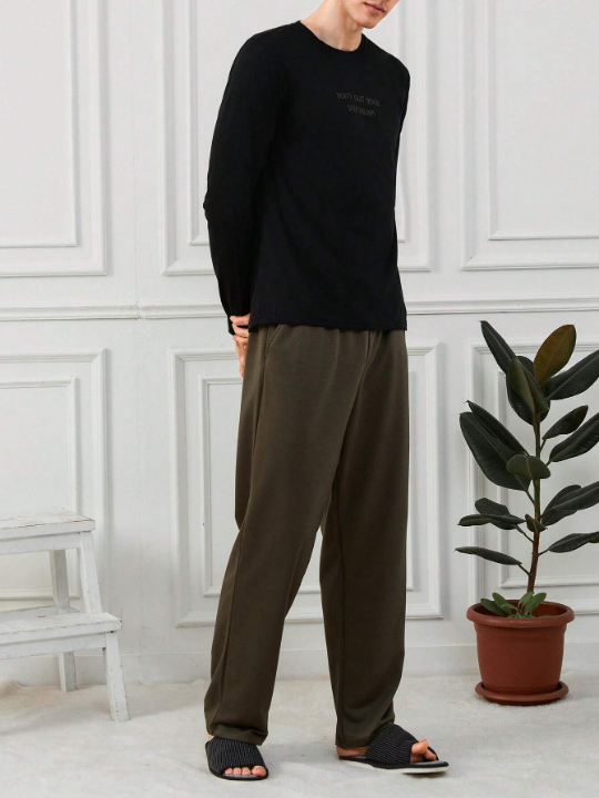 Cottnline Men'S Letter Printed Top & Solid Color Long Pants Homewear Set