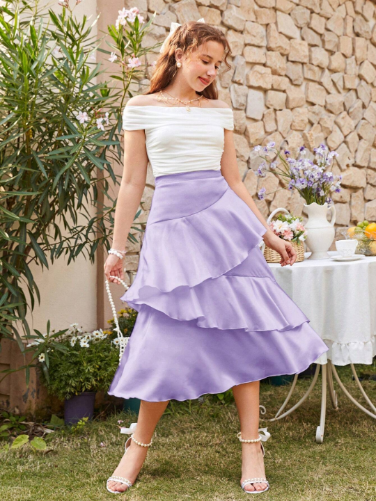 Teen Girl Woven Satin Multi-Layer Ruffle Trim Midi Casual Skirt