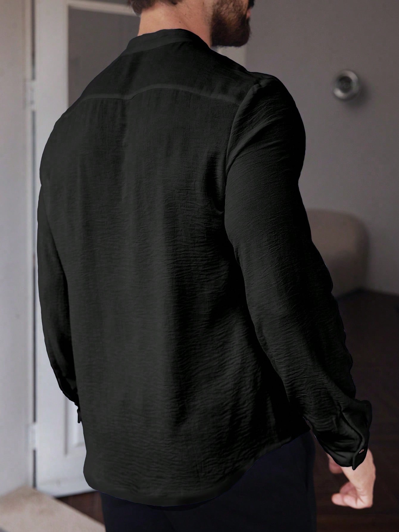 Manfinity CasualCool Men's Solid Color Plain Front Button Long Sleeve Pocket Simple Casual Shirt,White Button Up, For Going Out