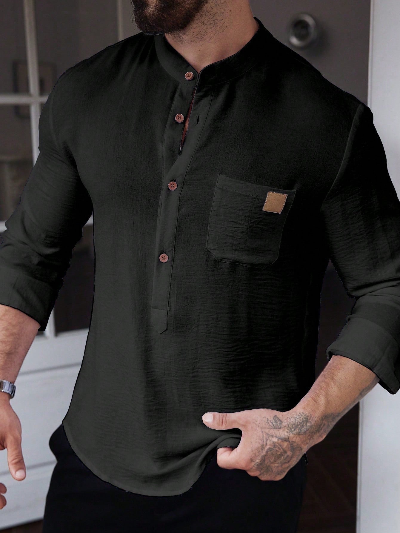 Manfinity CasualCool Men's Solid Color Plain Front Button Long Sleeve Pocket Simple Casual Shirt,White Button Up, For Going Out