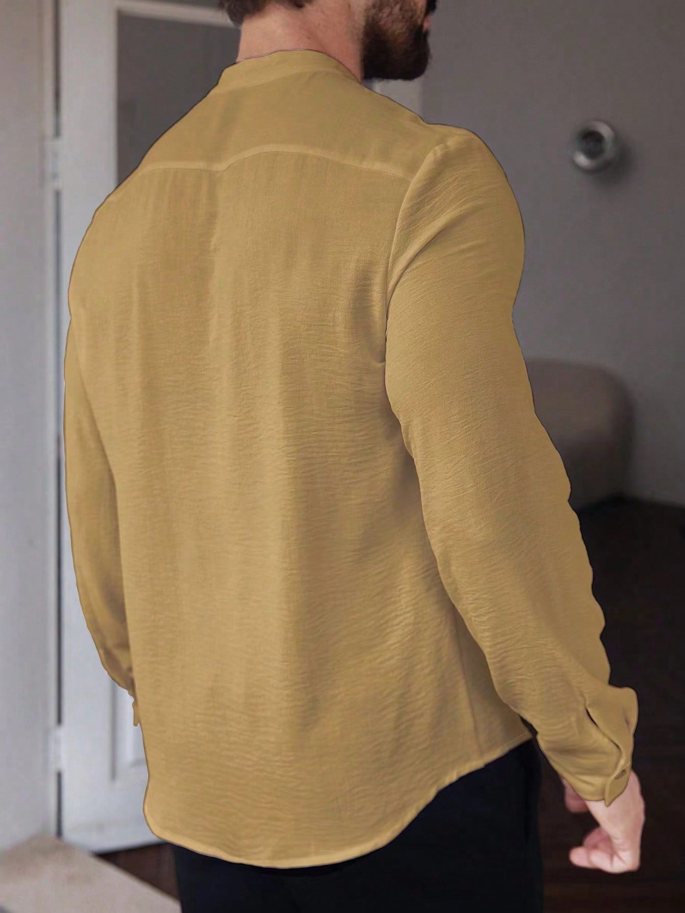 Manfinity CasualCool Men's Solid Color Plain Front Button Long Sleeve Pocket Simple Casual Shirt,White Button Up, For Going Out