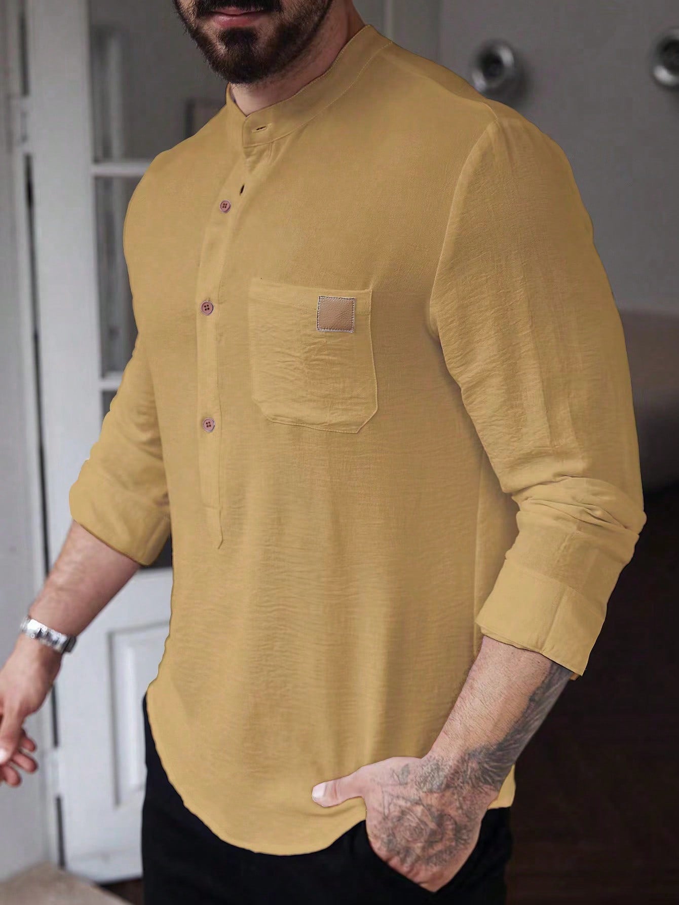 Manfinity CasualCool Men's Solid Color Plain Front Button Long Sleeve Pocket Simple Casual Shirt,White Button Up, For Going Out