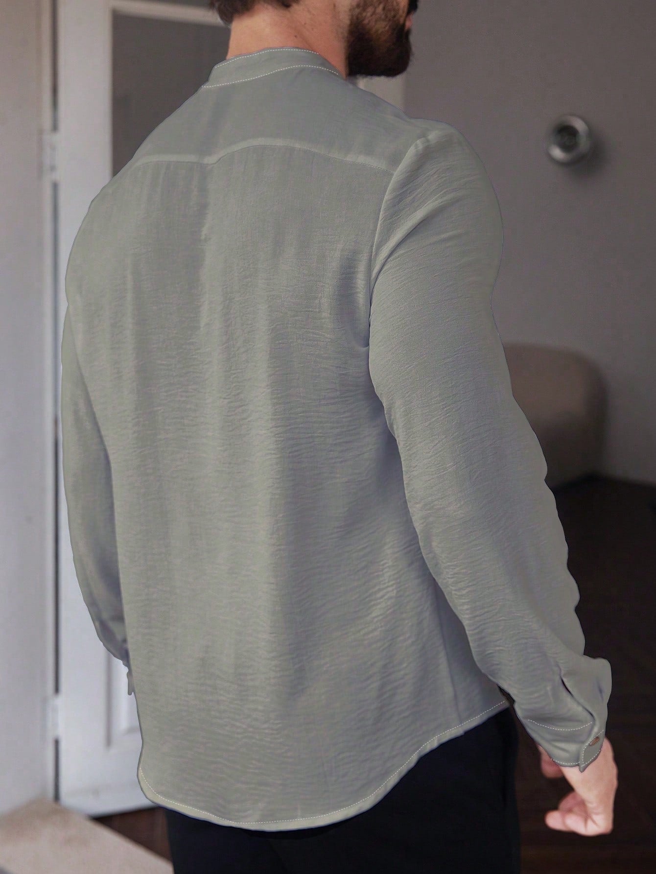 Manfinity CasualCool Men's Solid Color Plain Front Button Long Sleeve Pocket Simple Casual Shirt,White Button Up, For Going Out