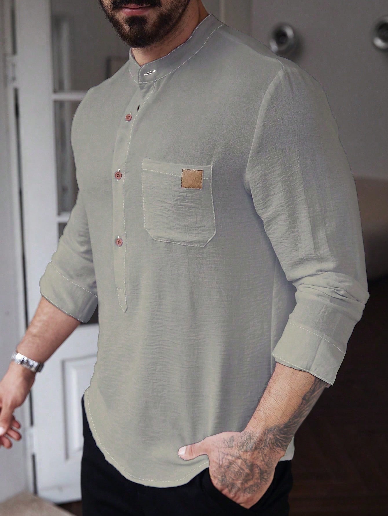 Manfinity CasualCool Men's Solid Color Plain Front Button Long Sleeve Pocket Simple Casual Shirt,White Button Up, For Going Out