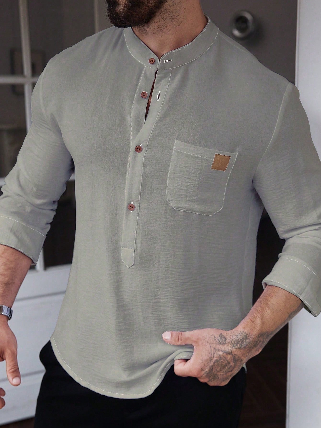 Manfinity CasualCool Men's Solid Color Plain Front Button Long Sleeve Pocket Simple Casual Shirt,White Button Up, For Going Out