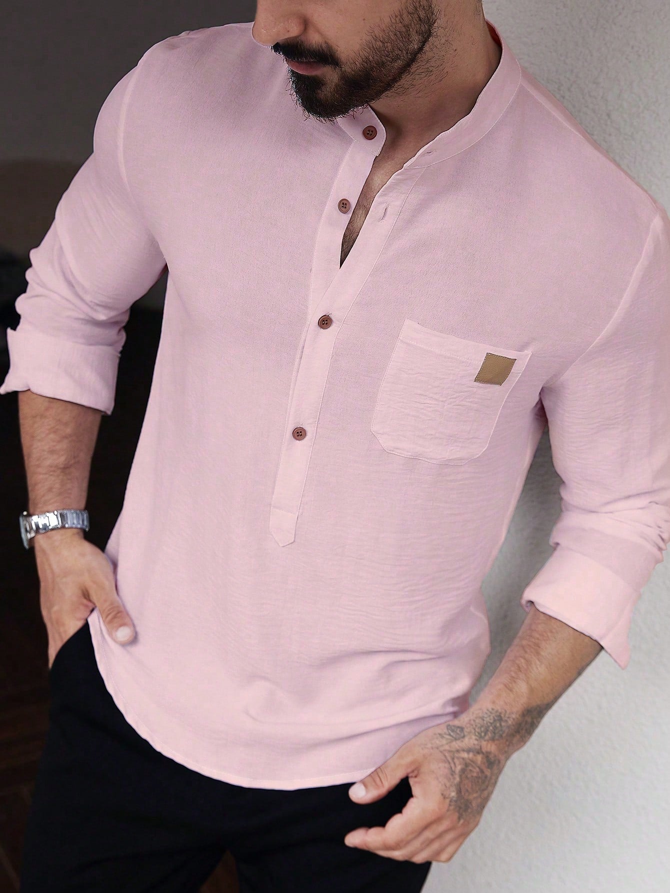 Manfinity CasualCool Men's Solid Color Plain Front Button Long Sleeve Pocket Simple Casual Shirt,White Button Up, For Going Out