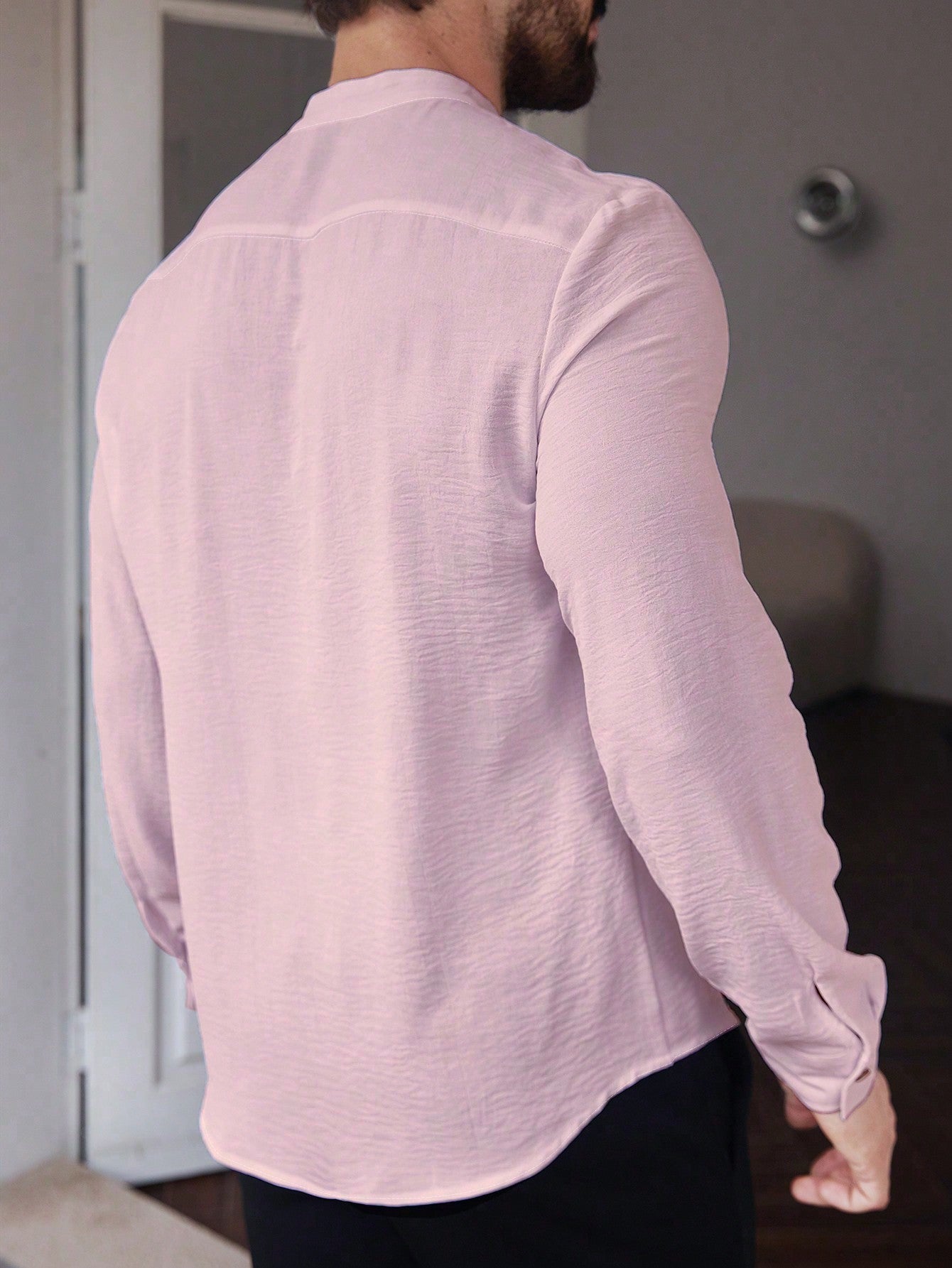 Manfinity CasualCool Men's Solid Color Plain Front Button Long Sleeve Pocket Simple Casual Shirt,White Button Up, For Going Out