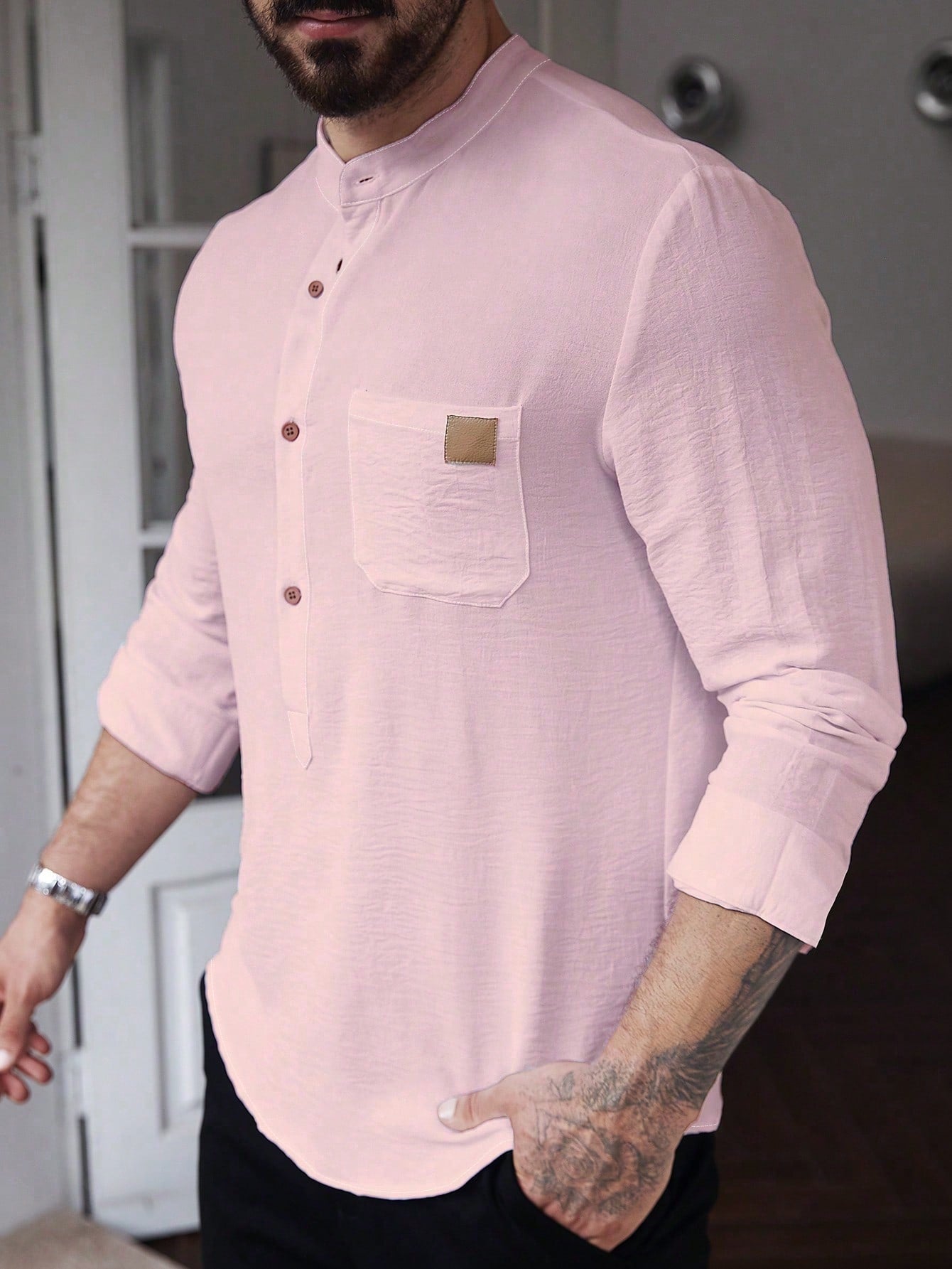 Manfinity CasualCool Men's Solid Color Plain Front Button Long Sleeve Pocket Simple Casual Shirt,White Button Up, For Going Out