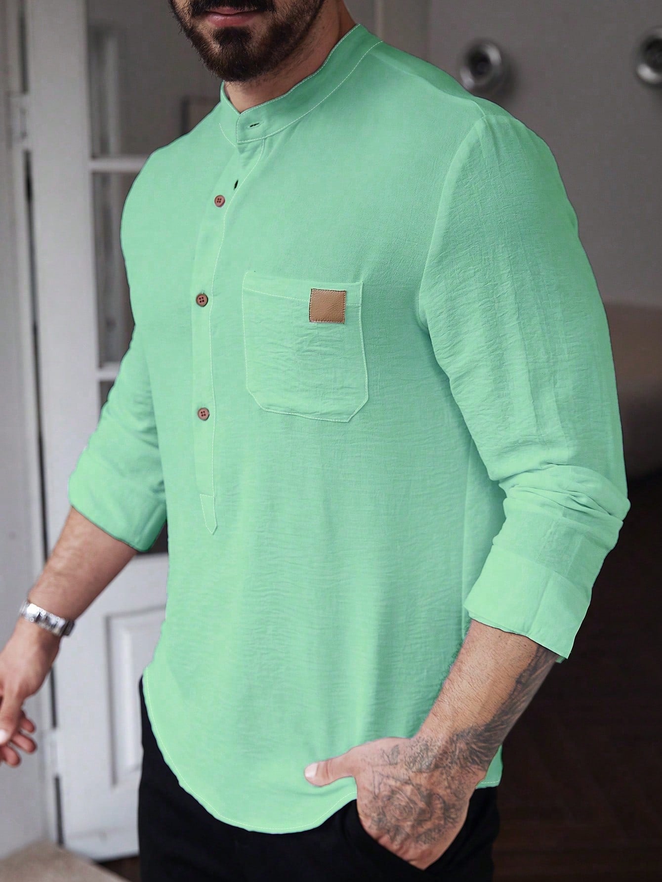 Manfinity CasualCool Men's Solid Color Plain Front Button Long Sleeve Pocket Simple Casual Shirt,White Button Up, For Going Out