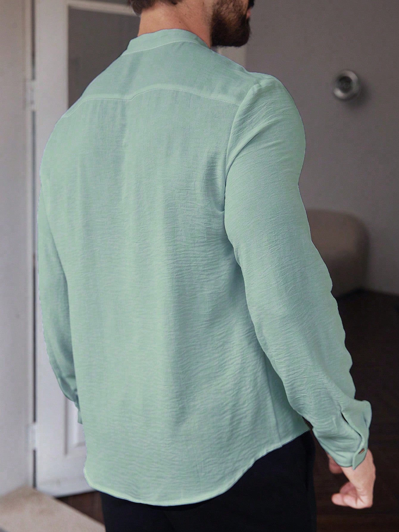 Manfinity CasualCool Men's Solid Color Plain Front Button Long Sleeve Pocket Simple Casual Shirt,White Button Up, For Going Out