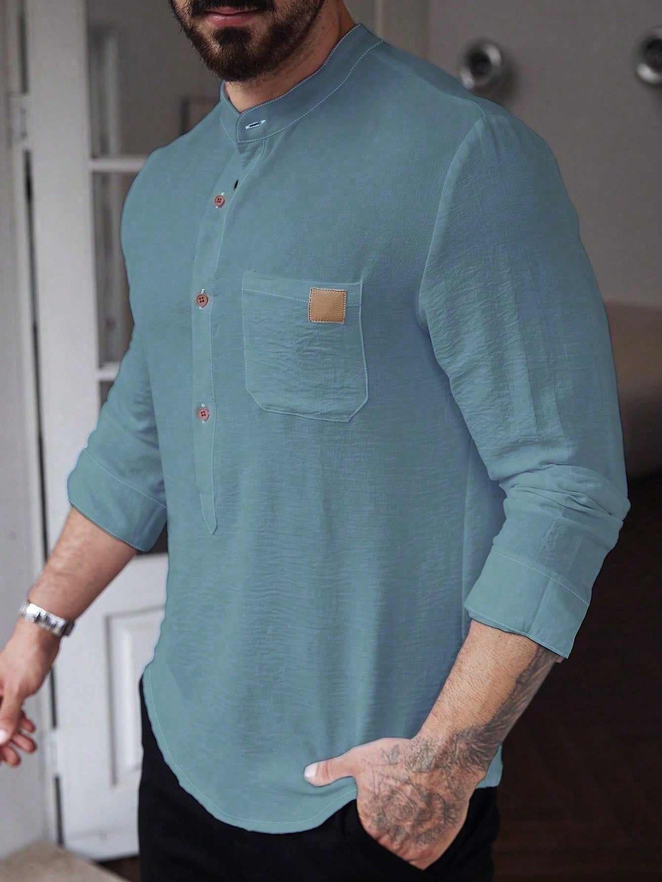 Manfinity CasualCool Men's Solid Color Plain Front Button Long Sleeve Pocket Simple Casual Shirt,White Button Up, For Going Out