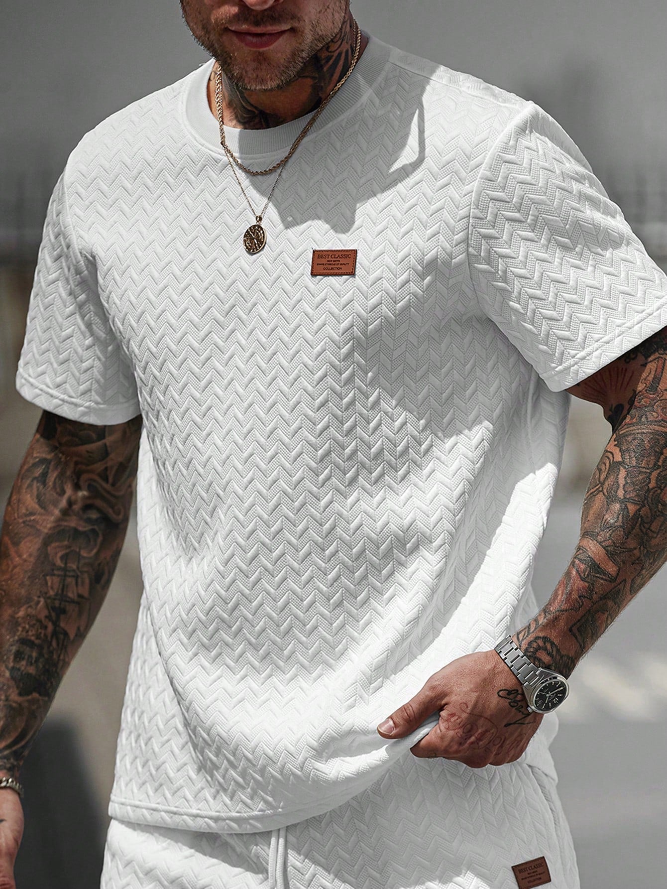 Manfinity CasualCool Men's Summer Jacquard Ribbed Collar Short Sleeve T-Shirt, Fine Gift For Boyfriend Or Husband