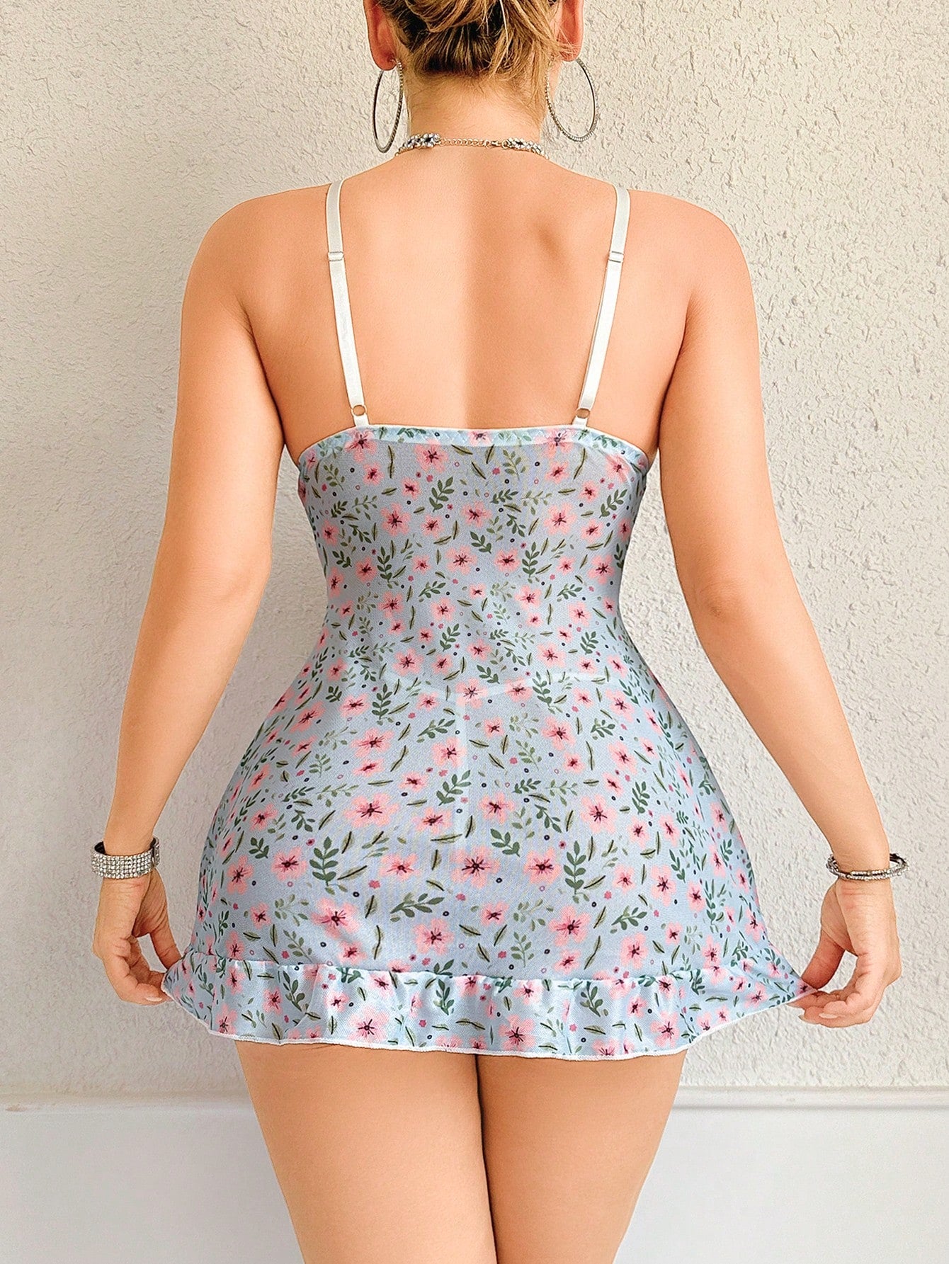 New Women's Sexy Blue Floral Print Sexy Nightgown