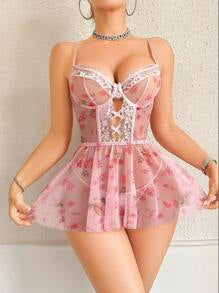 Romantic Pink Lace Patchwork Padded Bra & Suspender Nightdress